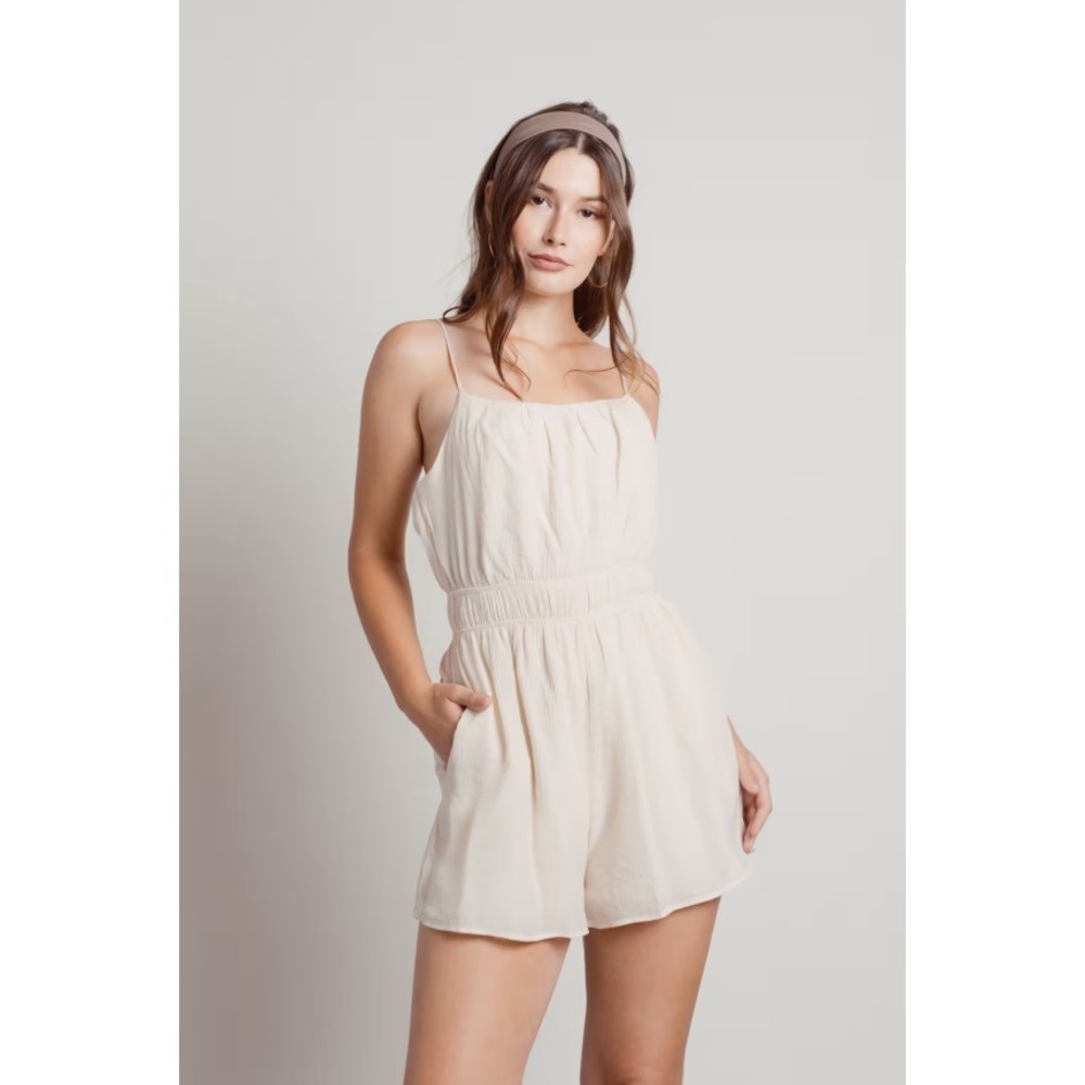 Tobi Women's Naomi Tie Strap Romper Nude Small Side Cutout 100% Cotton